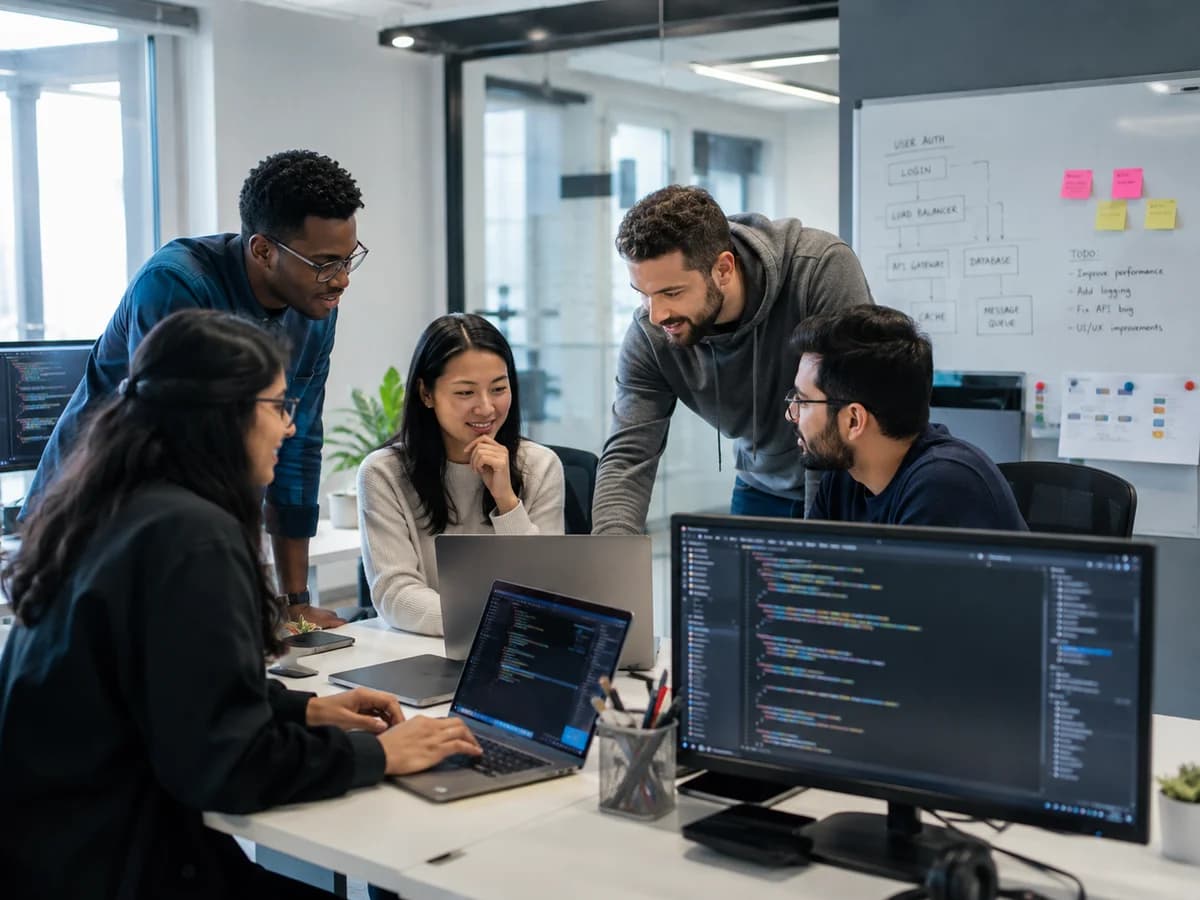 Engineers working together around laptops and a whiteboard.