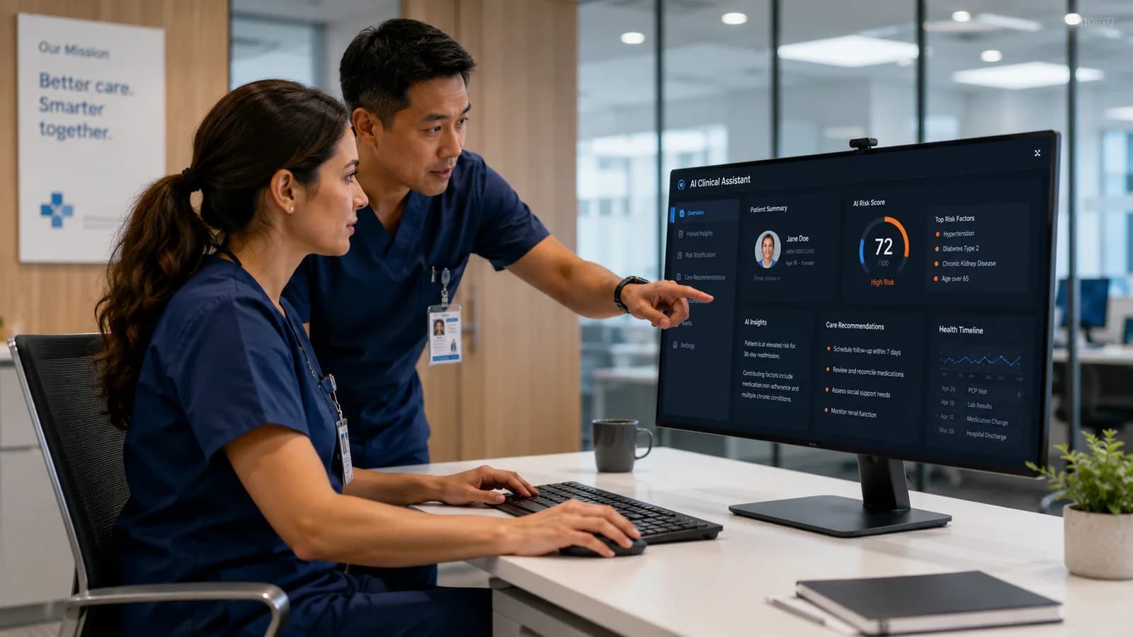 Two clinicians reviewing an AI assistant on a monitor