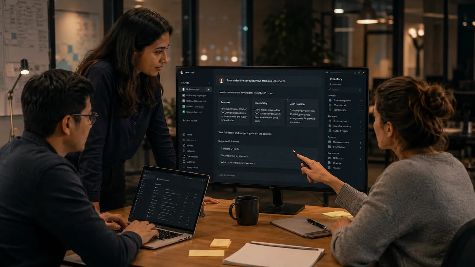 A team reviewing an inventory of models, datasets and systems on screen