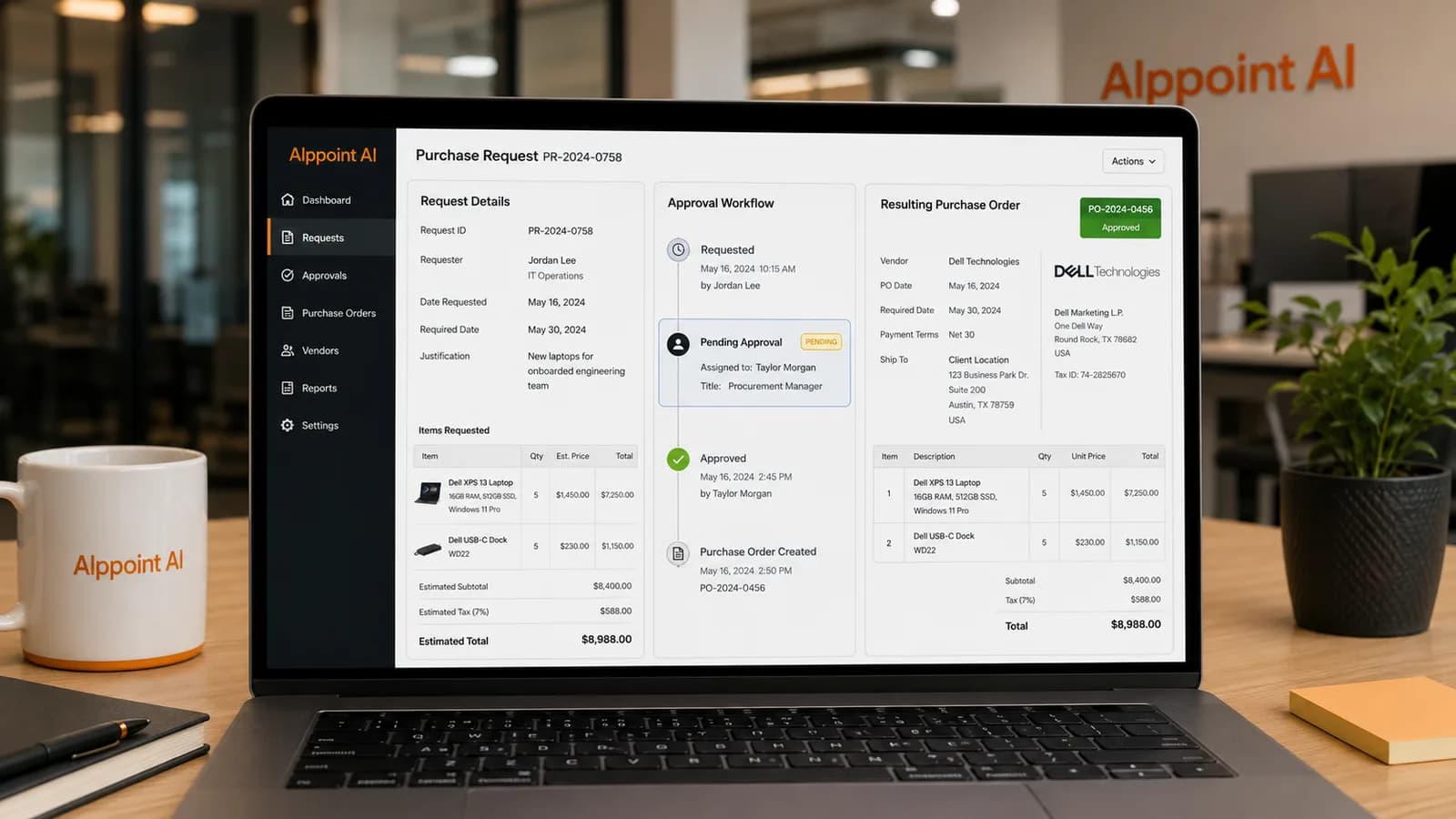 A purchase request on screen, showing its details, approval route and the resulting purchase order