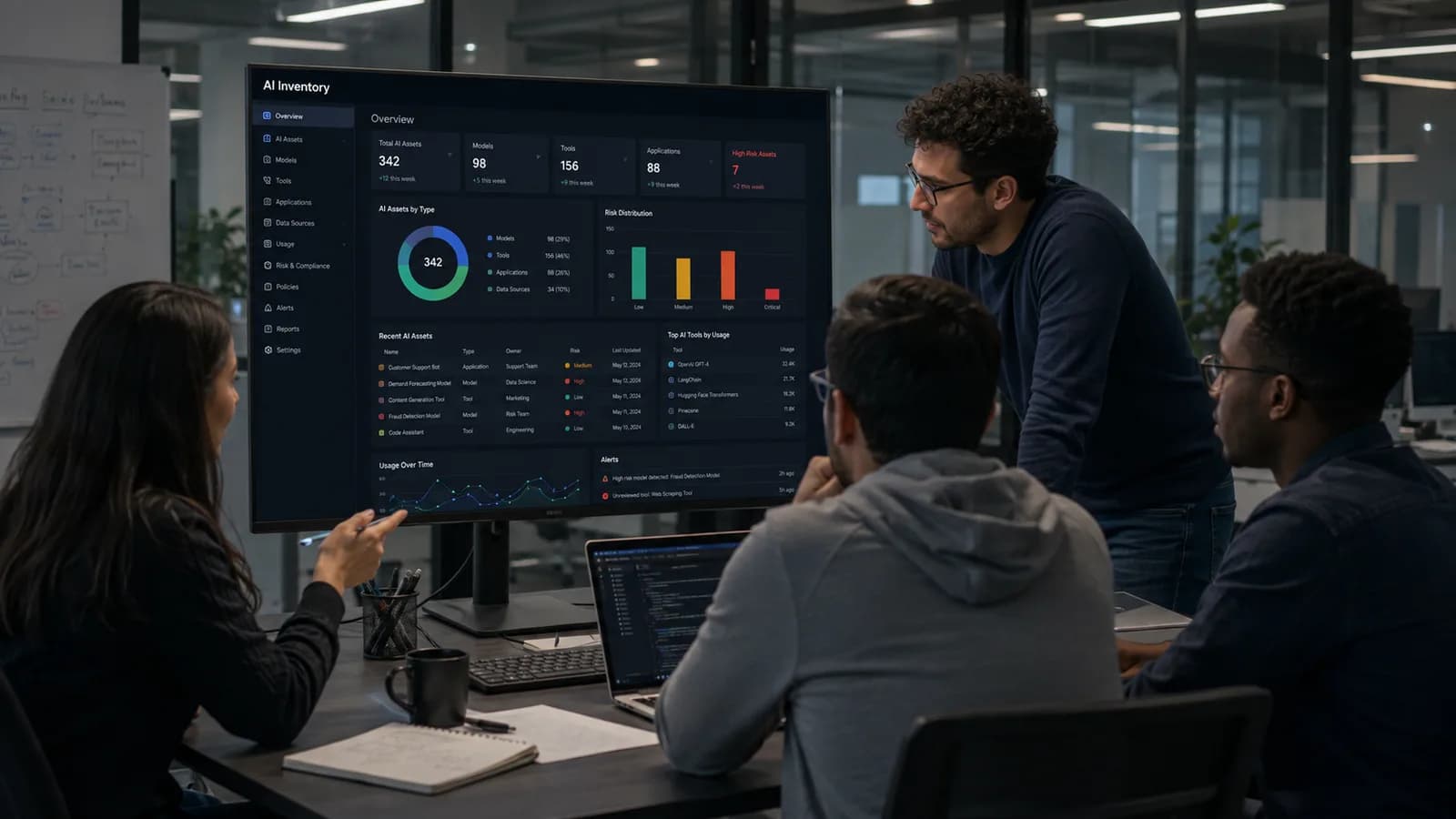A team reviewing an AI inventory dashboard on a large display